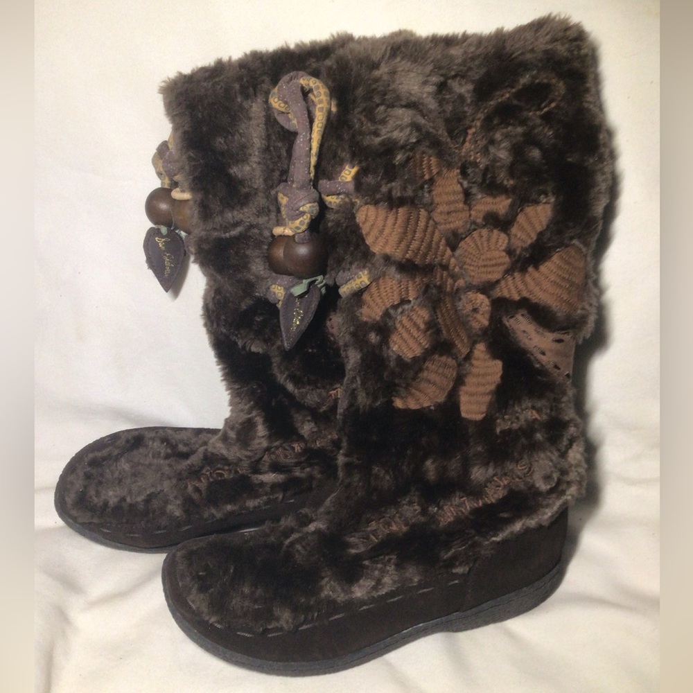 Sam Edelman Brown Furry. Slipper Boots Faux-Fur Suede Leather WOMENS 7M